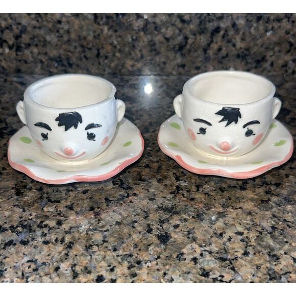 Vintage Set Of Clown's Head Egg Cup w/ Saucer Attached JAPAN - Picture 1 of 7